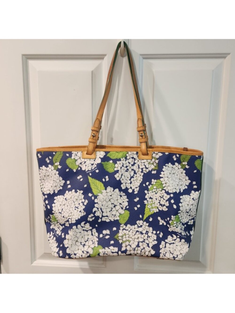 Dooney & Bourke Hydrangea Tote Hand Bag Large Zip Closure Blue and White Shopper - Picture 5 of 10
